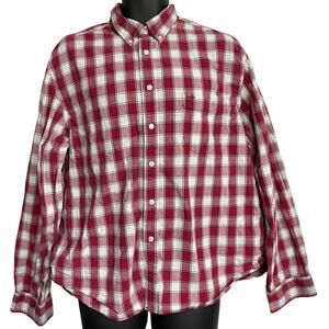 DOCKERS Button Up Shirt Mens XL Red White Blue Plaid Long Sleeve 100% Cotton